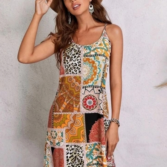 Women's boho Patchwork silky dress - Picture 2 of 5